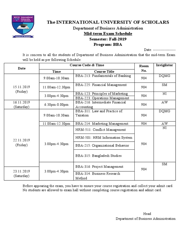 BBA Mid-term Exam Schedule Fall 2019 | PDF | Economies | Business