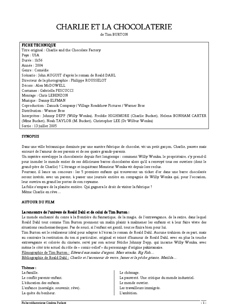 Charlie Et La Chocolaterie Texte à Imprimer Charlie Et La Chocolaterie Fiche Pédagogique | PDF