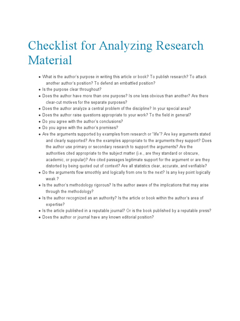 Checklist For Analyzing Research Material | PDF