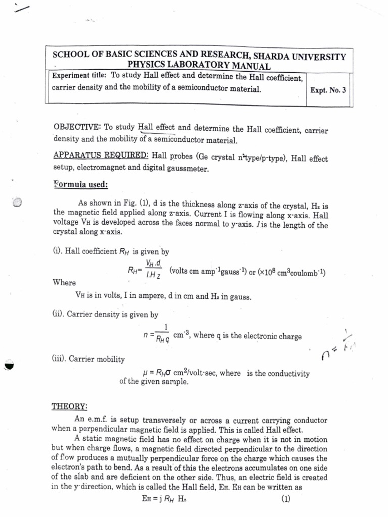 Hall Effect and Coefficient Measurement | PDF | Electrical Resistivity ...