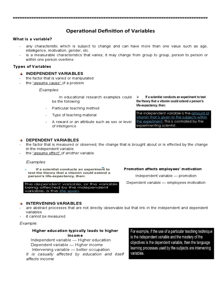 Operational Definitions of Research Variables | PDF | Dependent And ...
