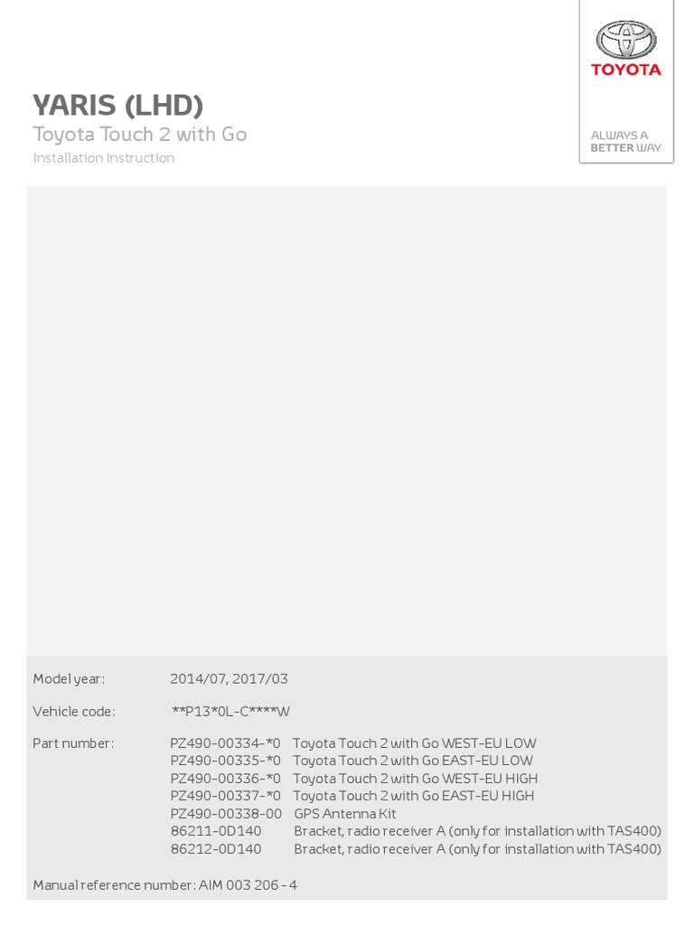 Final Yaris LHD Toyota Touch 2 With Go PZ490 0033 00 AIM 003 206 4.