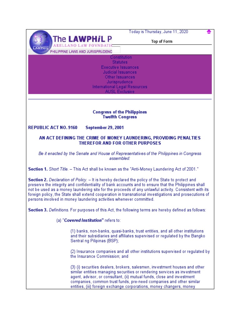 Anti Money Laundering Act R.A. No. 9160 | PDF | Asset Forfeiture ...