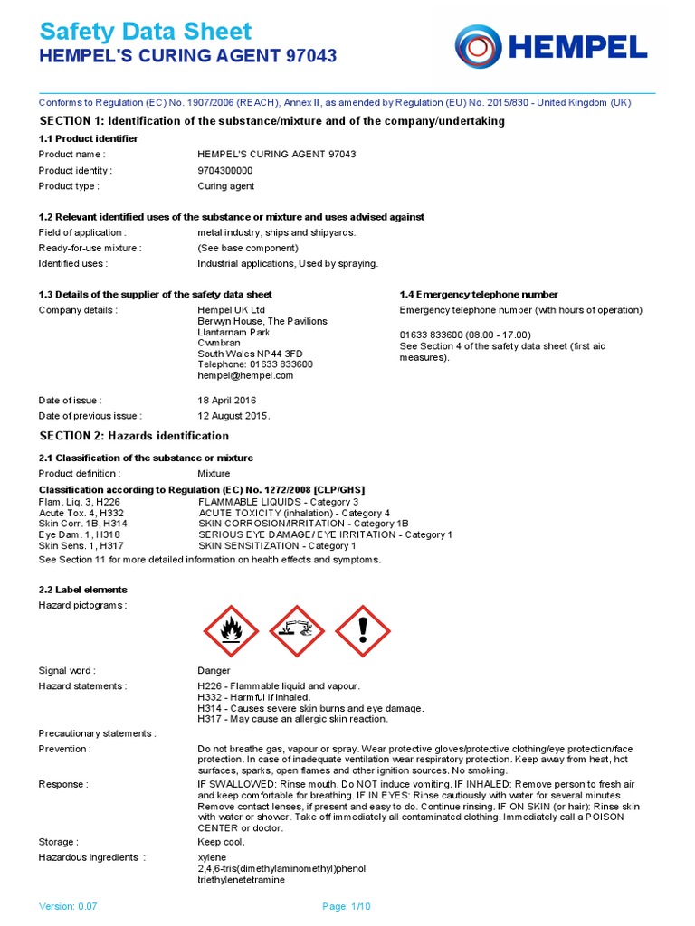 Safety Data Sheet Hempel'S Curing Agent 97043 Toxicity Personal