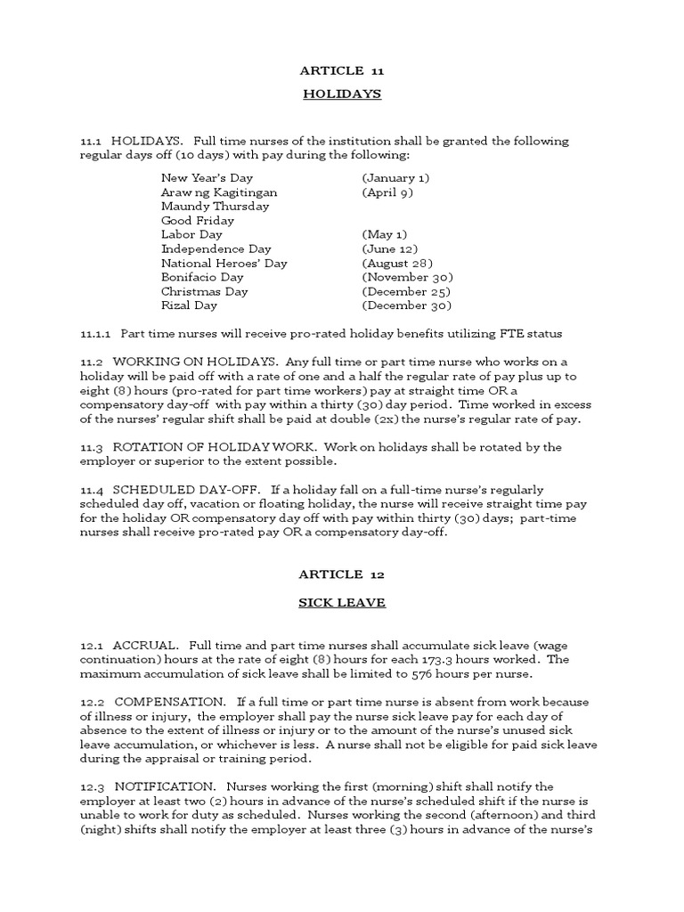 Cba Article 11 12 Sick Leave Working Conditions