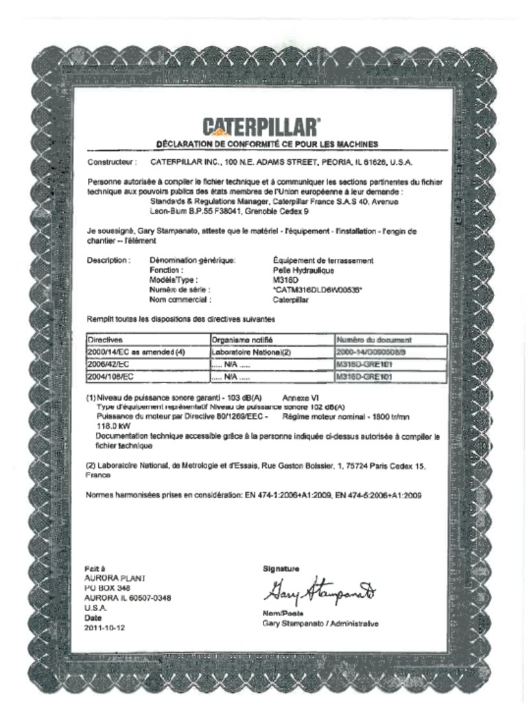 Certificat Conformitate Excavator Caterpilar