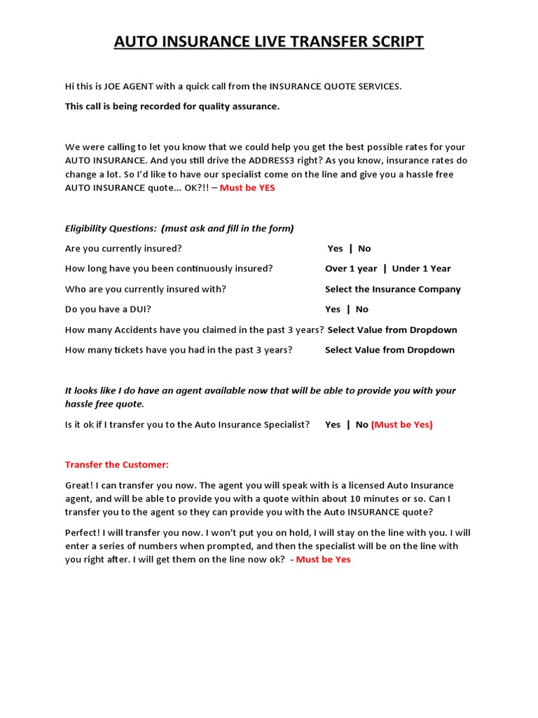 Auto Insurance Live Transfer Script | PDF | Law