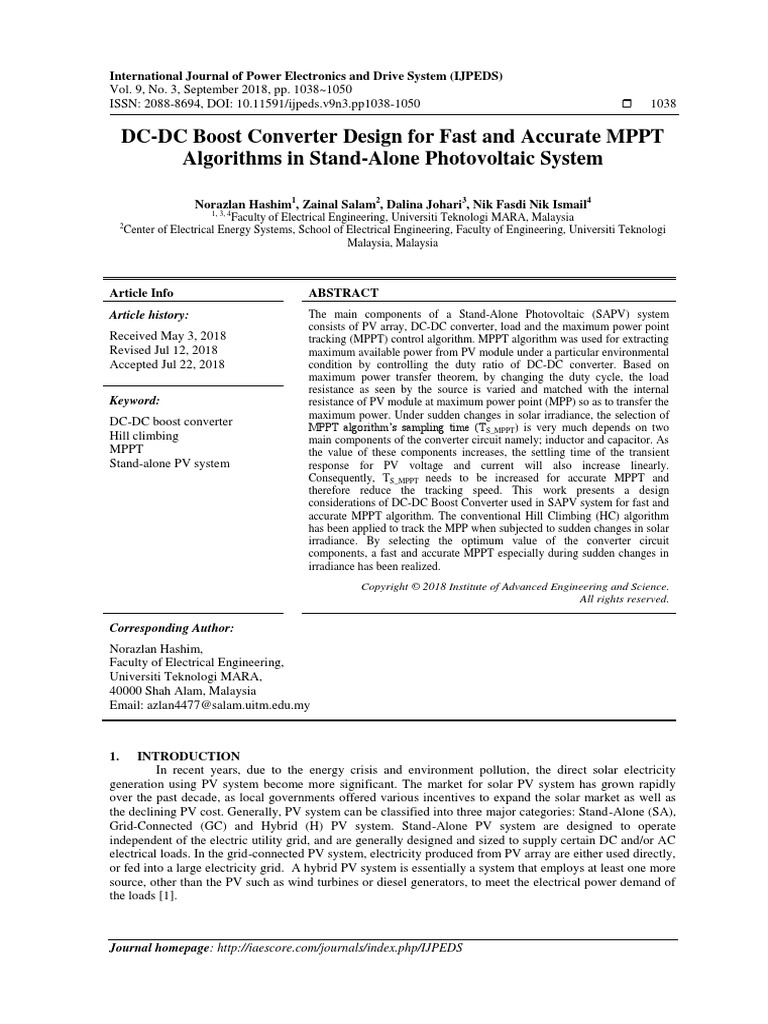 DC-DC Boost Converter Design For Fast and Accurate MPPT Algorithms in ...