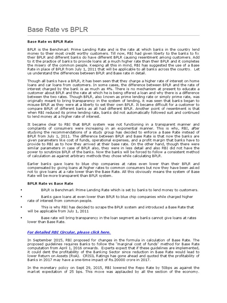 BPLR vs Base Rate Explained | PDF | Prime Rate | Reserve Bank Of India