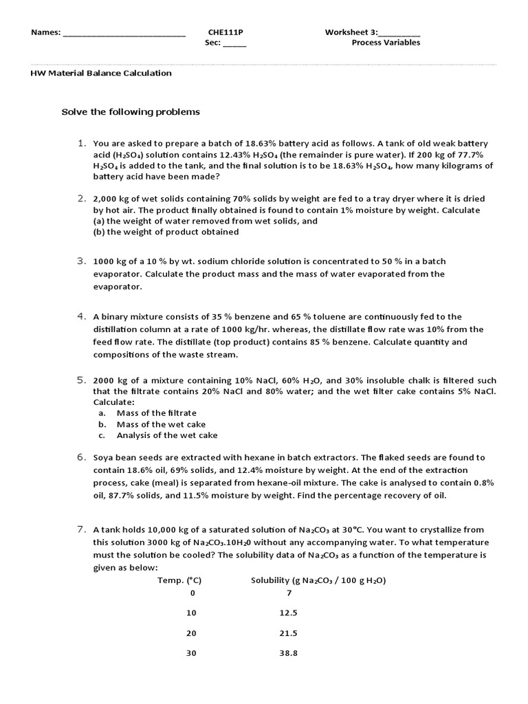 Material Balance Calculation Exercises | PDF | Sodium Chloride | Solubility