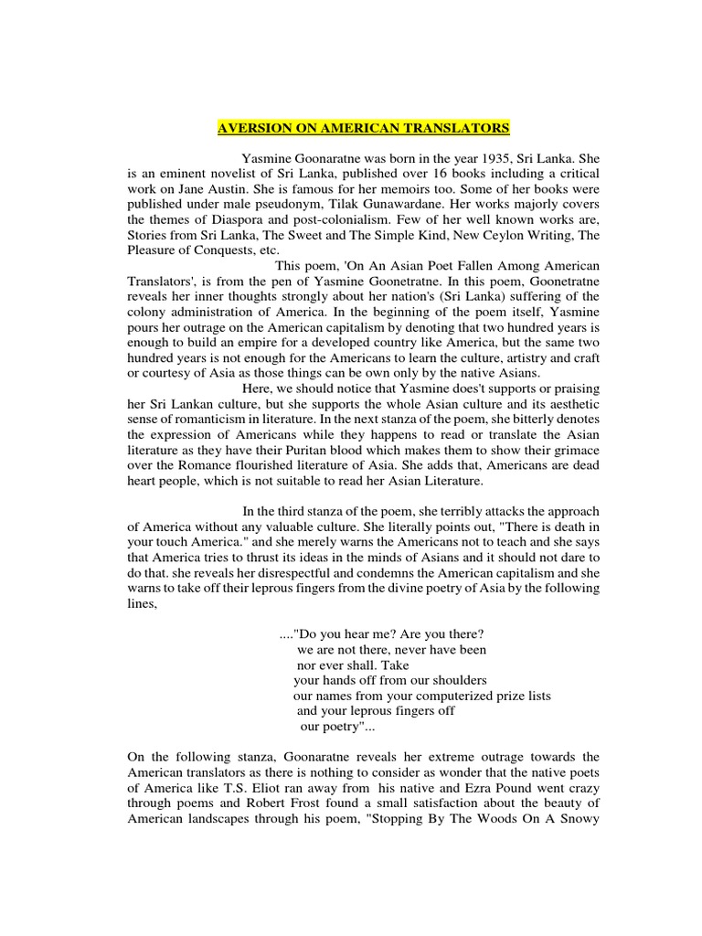 Analysis Of The On An Asian Poet Fallen Among American Translator Poetry