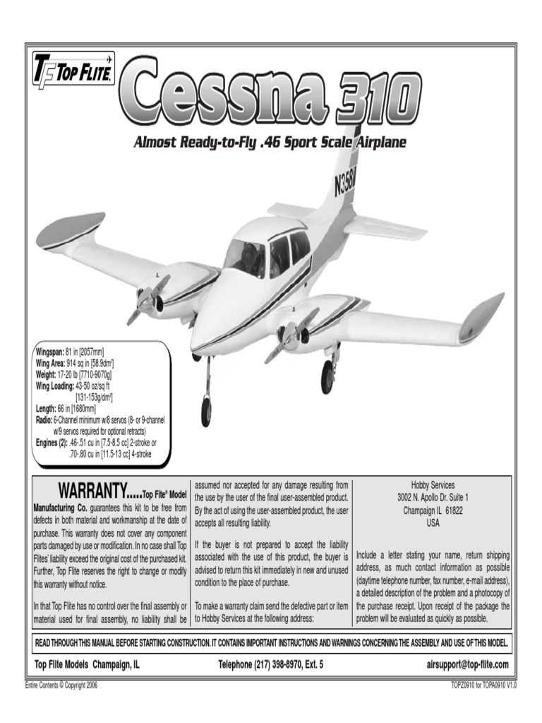 Top Flite Cessna 310(EP） Top Flite Cessna 310 Build Video Part III Landing Gear Door