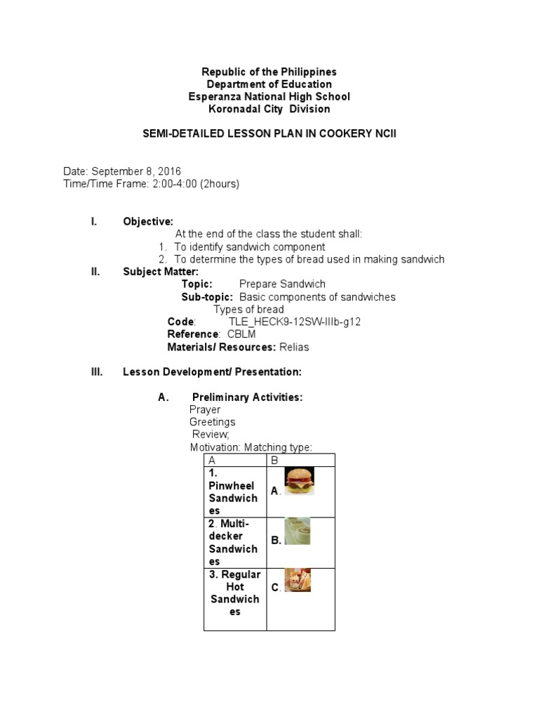 Cookery NCII Lesson Plan on Sandwich Components PDF Sandwich Breads