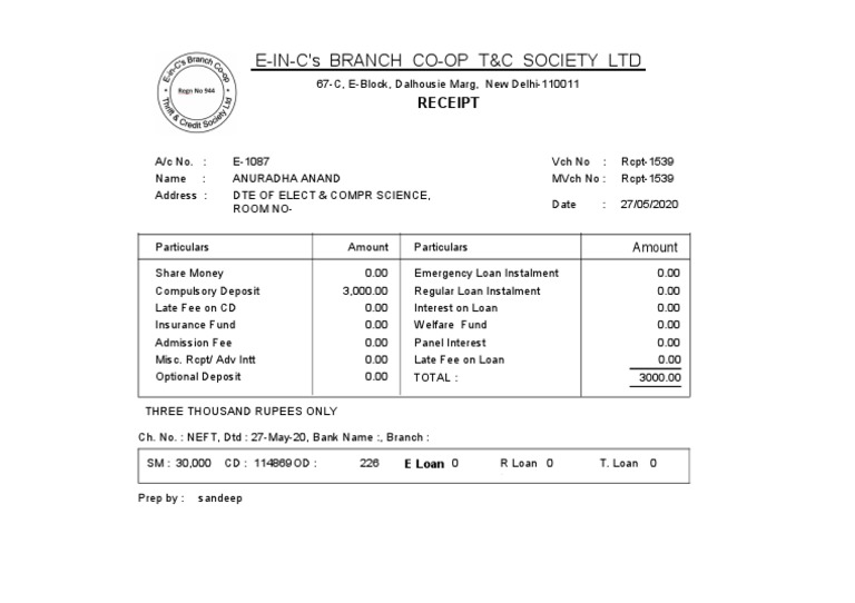 E-In-C'S Branch Co-Op T&C Society LTD: Receipt | PDF