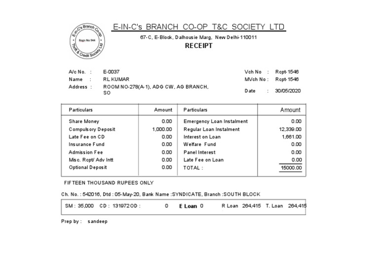 E-In-C'S Branch Co-Op T&C Society LTD: Receipt | PDF
