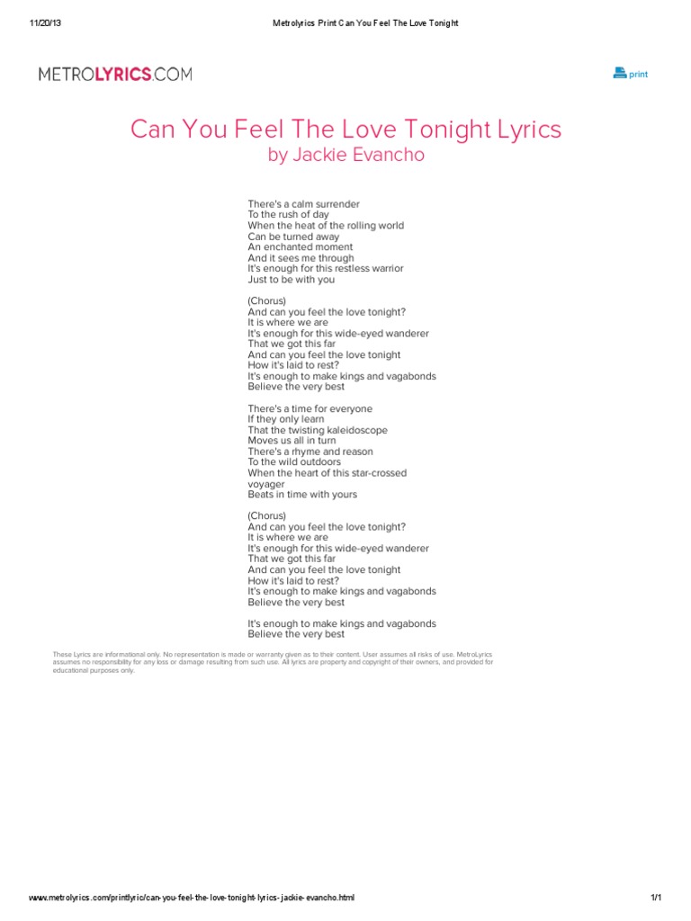 Can You Feel The Love Tonight Lyrics: by Jackie Evancho | PDF