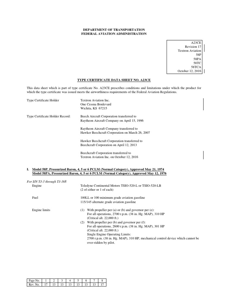 Beech 58P Baron Type Certificate Data | PDF | Aviation | Aircraft