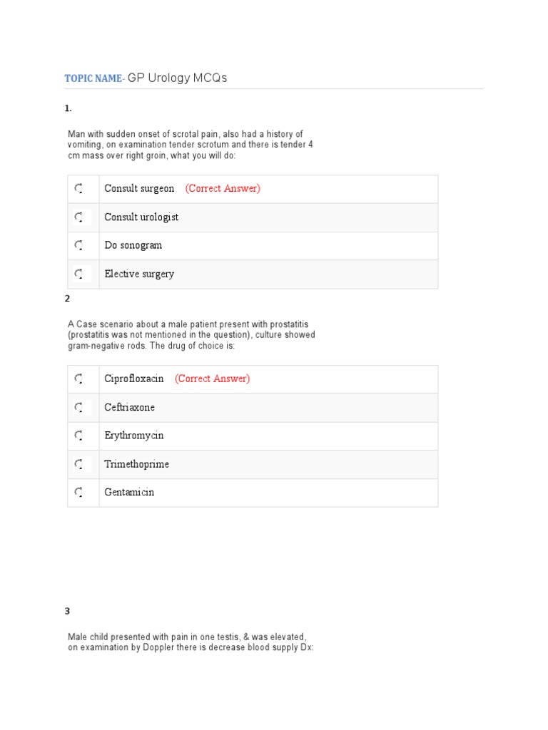 GP Urology MCQs and Answers | PDF | Urinary Tract Infection | Urology
