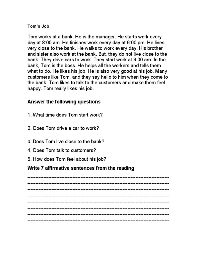 Tom's Job Answer The Following Questions PDF Question Linguistic