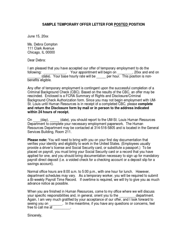 Sample Temporary Employment Offer Letter | PDF