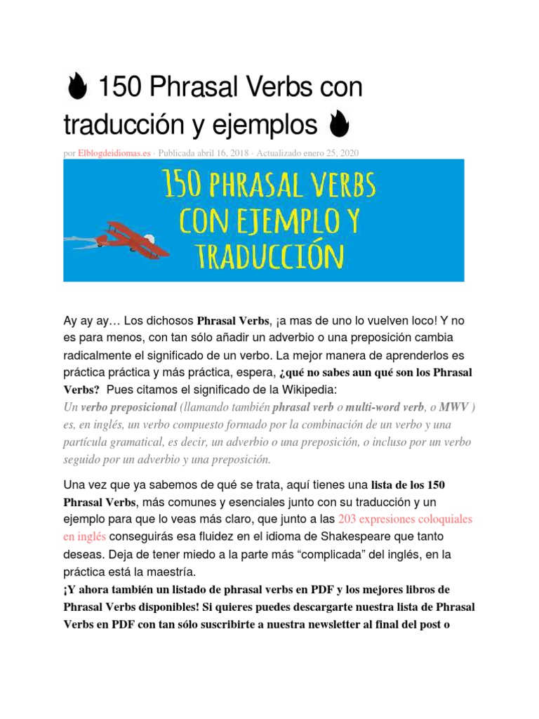 150 Phrasal Verbs Con Traducción Y Ejemplos Pdf Morfología