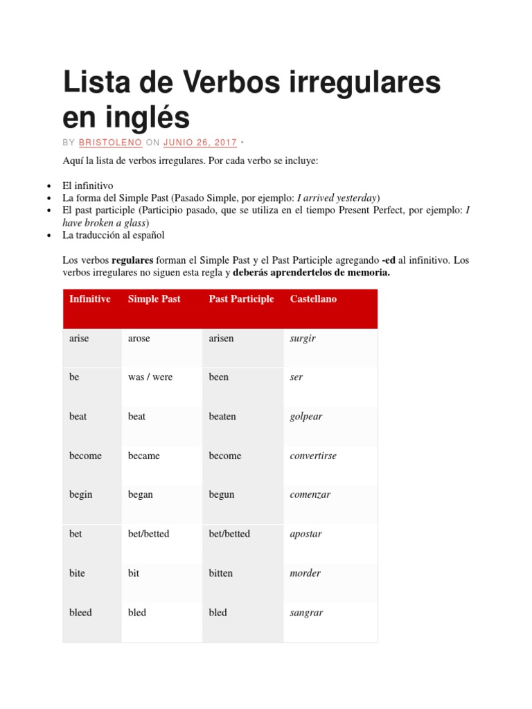 Lista de Verbos Irregulares en Inglés | PDF | Semantic Units ...