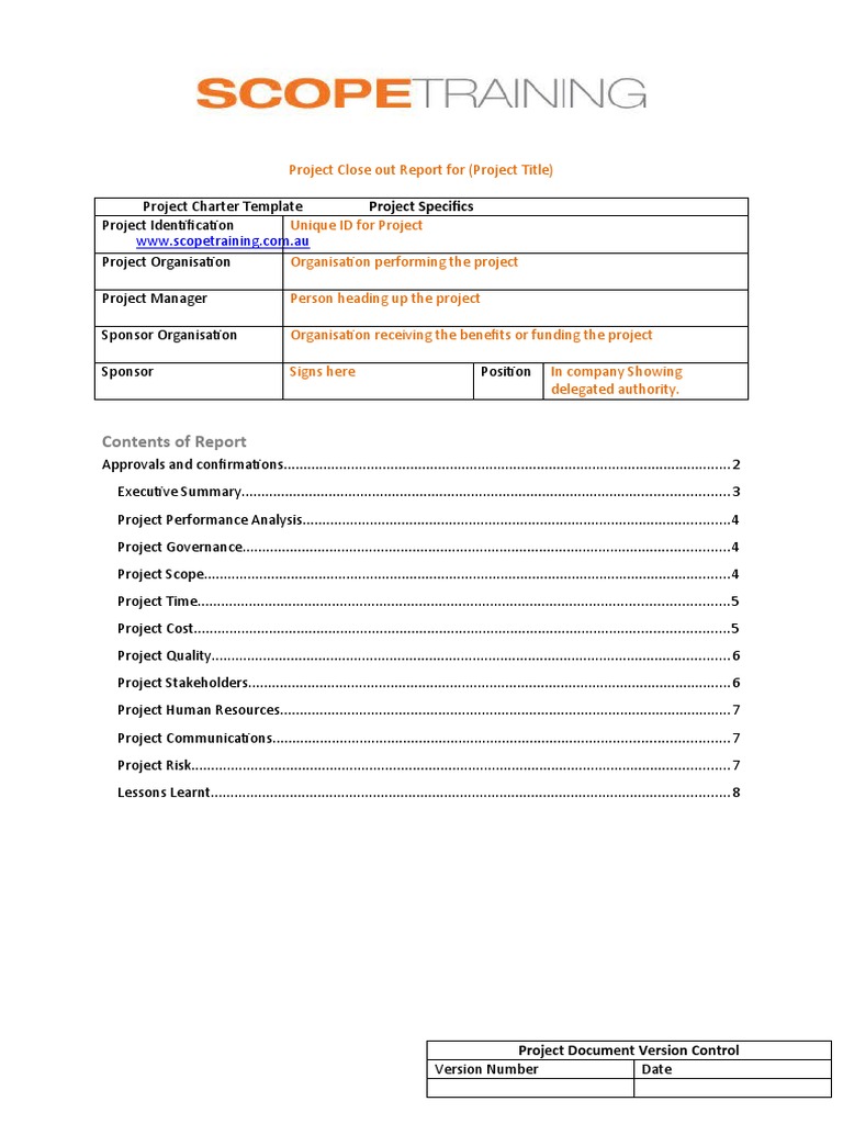 Contents of Report: Project Close Out Report For (Project Title) | PDF ...