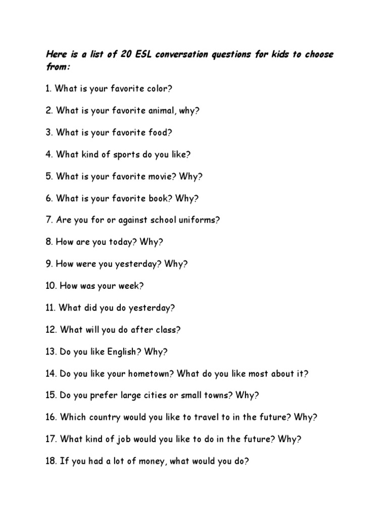 20 ESL Conversation Questions For Kids To Choose From PDF