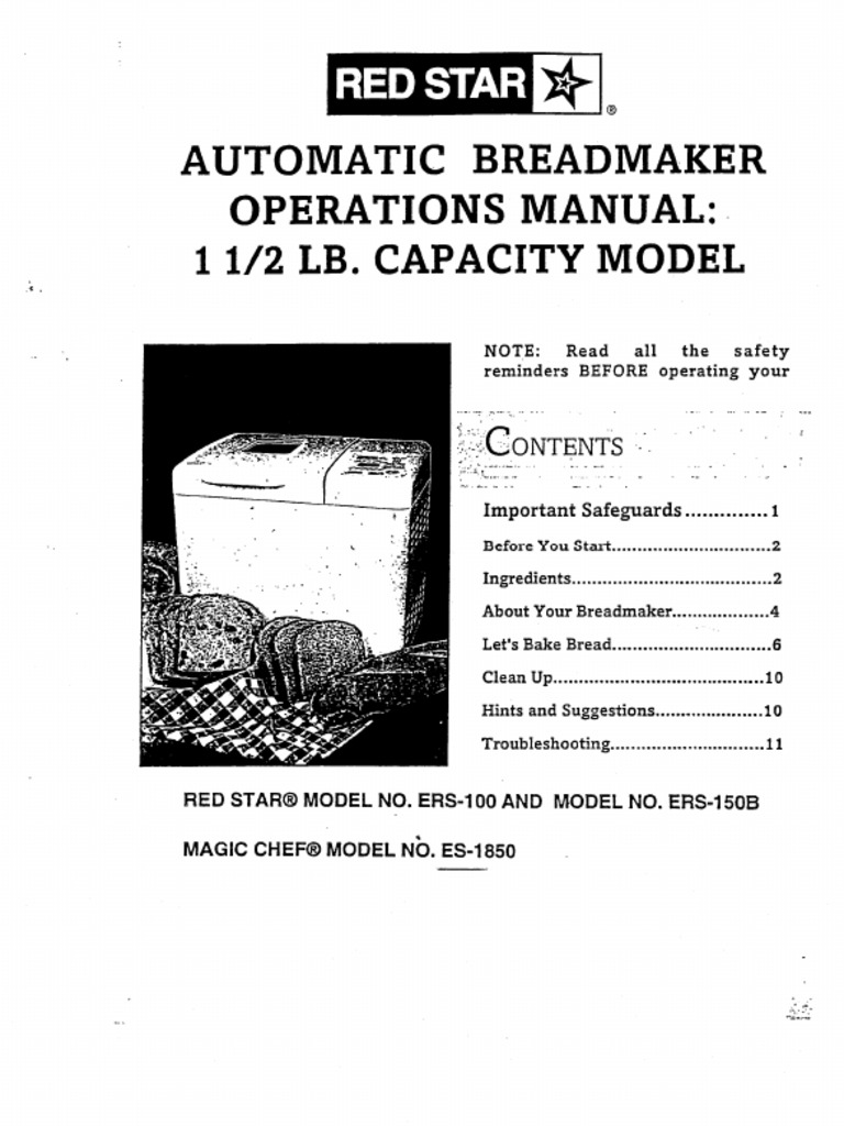 Magic Chef Model CBM310 Bread Maker Manual. Model CBM 310 Bread Maker User  Manual. Red Star Ers100 Manual