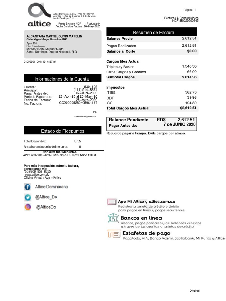 Factura Plan Básico Telecable Altice | PDF | Internet | Tecnología digital