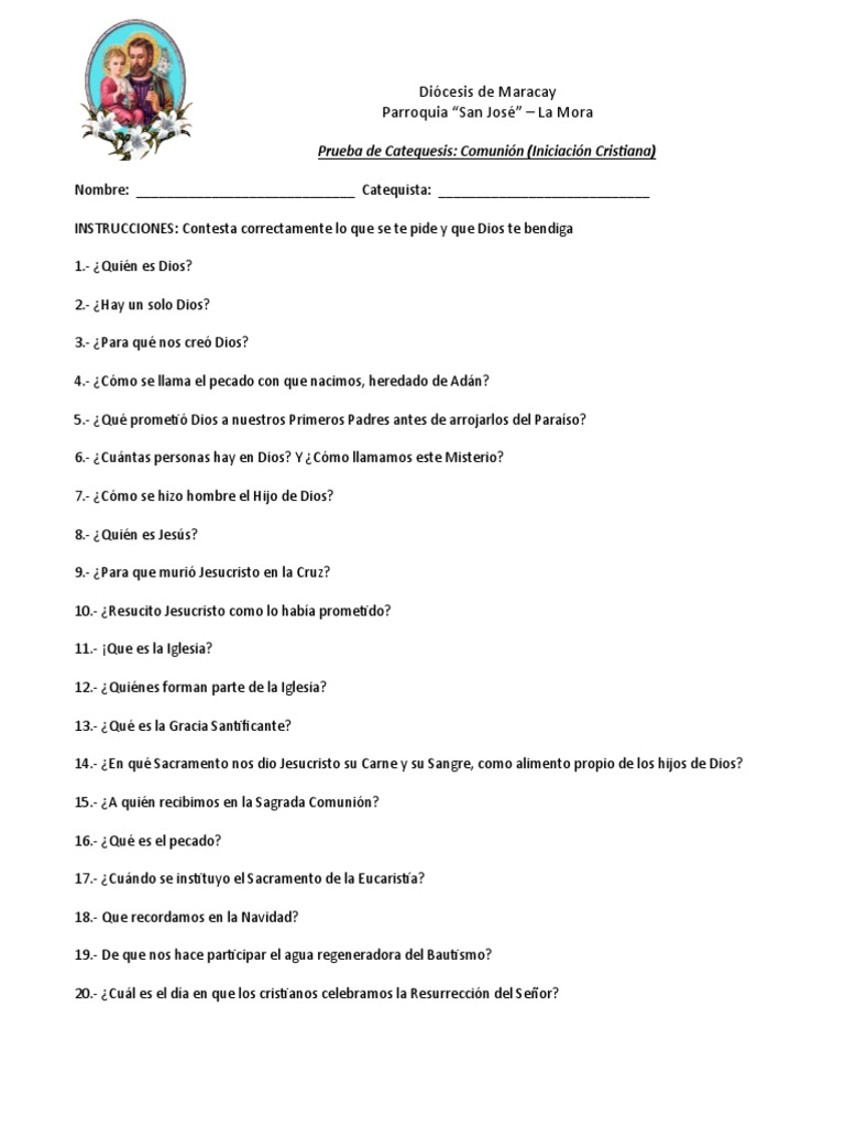 Examen Primera Comunion Iniciación PDF