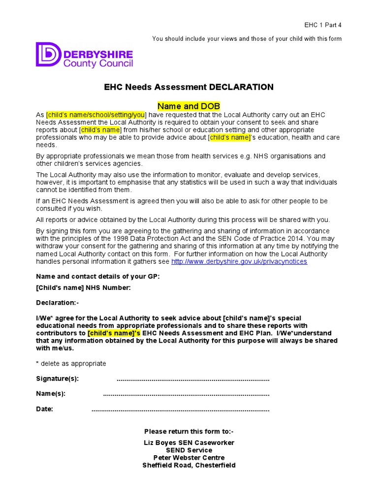 EHC Needs Assessment Consent Form | PDF | Needs Assessment | Health Care