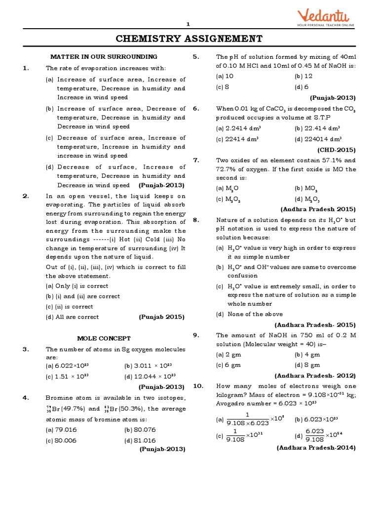 NTSE Chemistry Assignment - 1 PDF | PDF | Periodic Table | Chemical ...