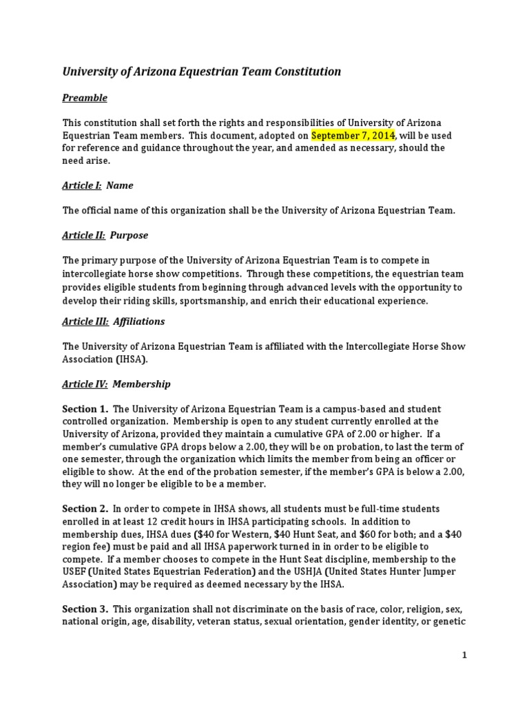 University of Arizona Equestrian Team Constitution: Preamble | PDF ...