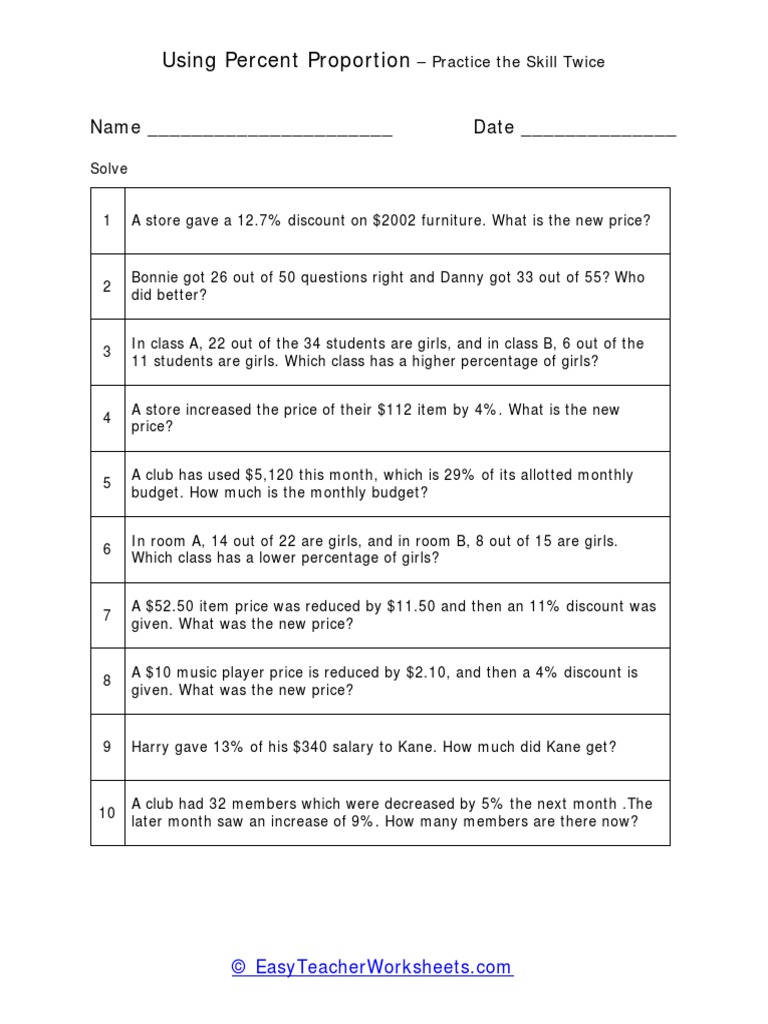 Using Percent Proportion: Name - Date | PDF
