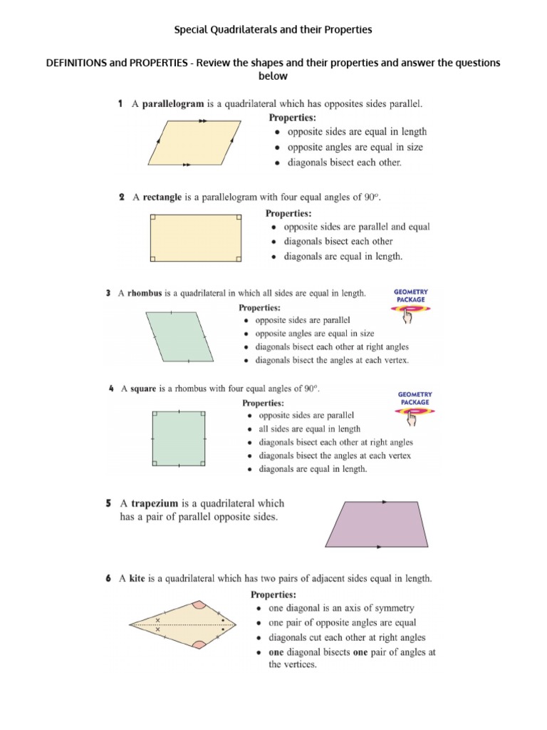 Special Quadrilaterals and Their Properties DEFINITIONS and PROPERTIES