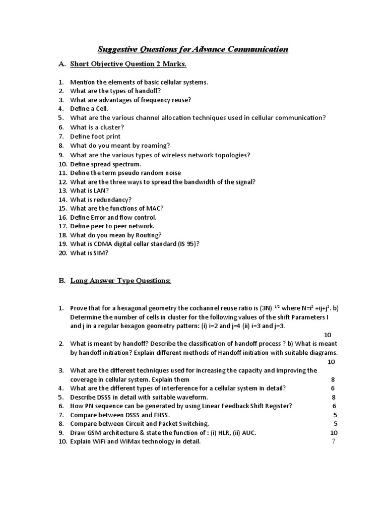 Suggestive Questions For Advance Communication A. Short Objective