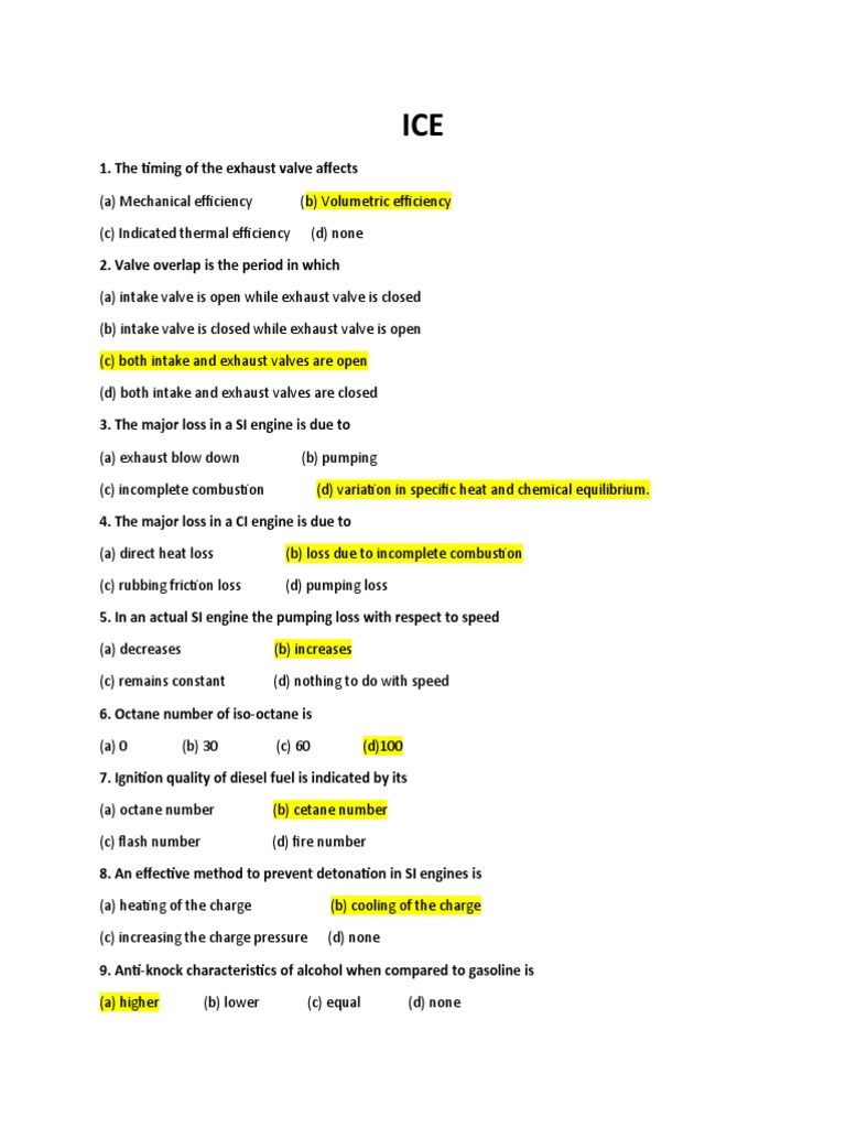 ICE MCQs PDF Fuel Injection Carburetor