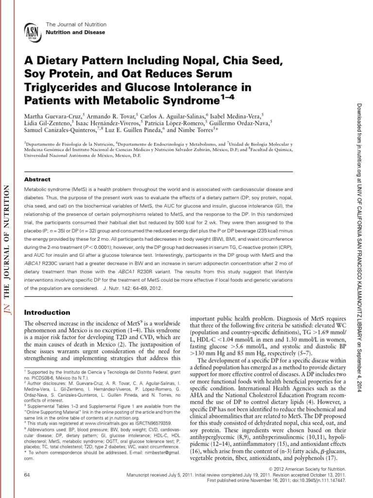A Dietary Pattern Including Nopal, Chia Seed, Soy Protein, and Oat