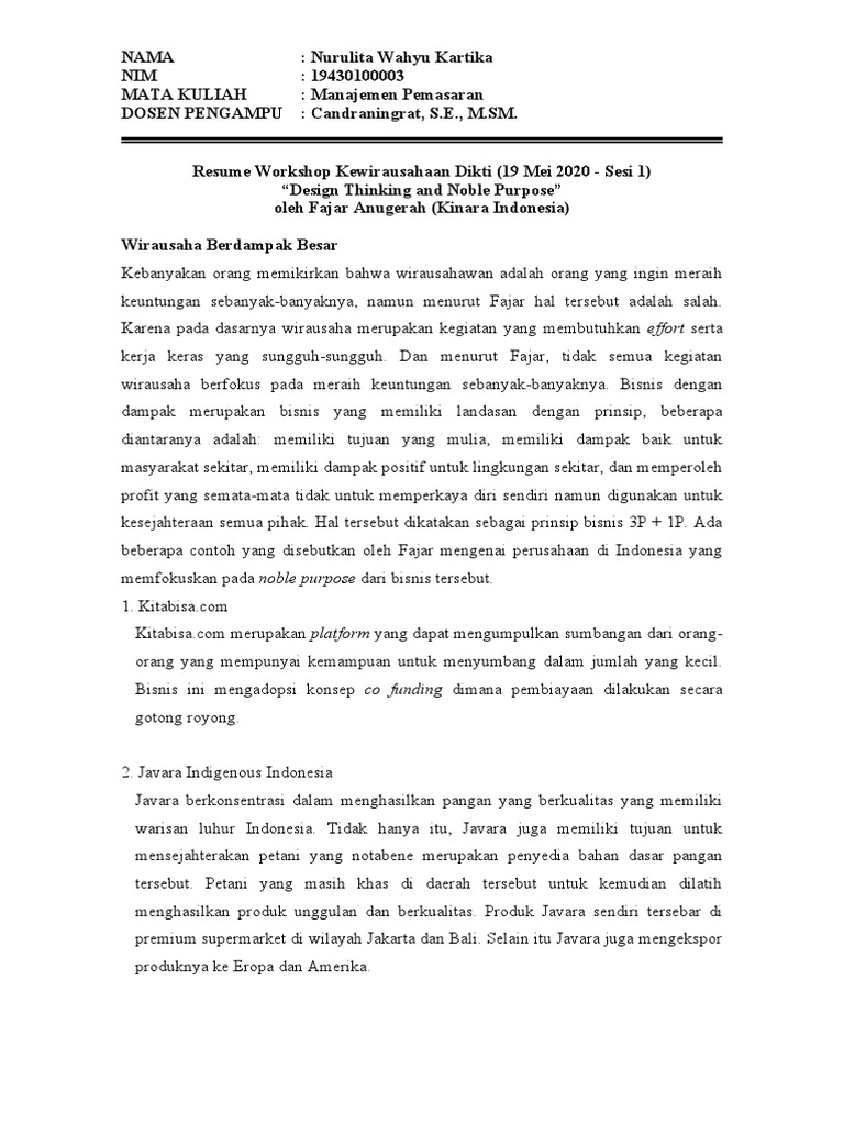 Resume Workshop Kewirausahaan Dikti 19 Mei 2020 Sesi 1 Fajar Anugerah