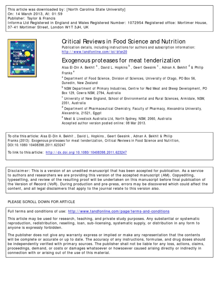 Exogenous Proteases For Meat Tenderization PDF Protease Meat
