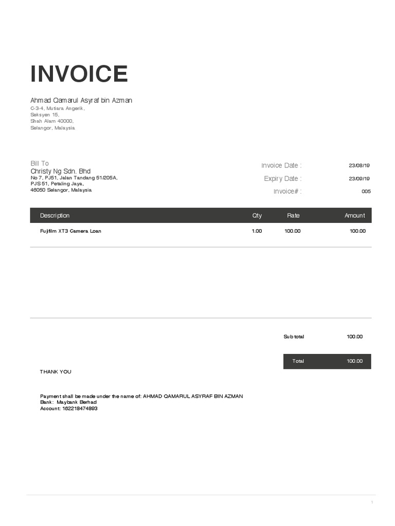 Invoice for Fujifilm XT3 Camera Loan | PDF