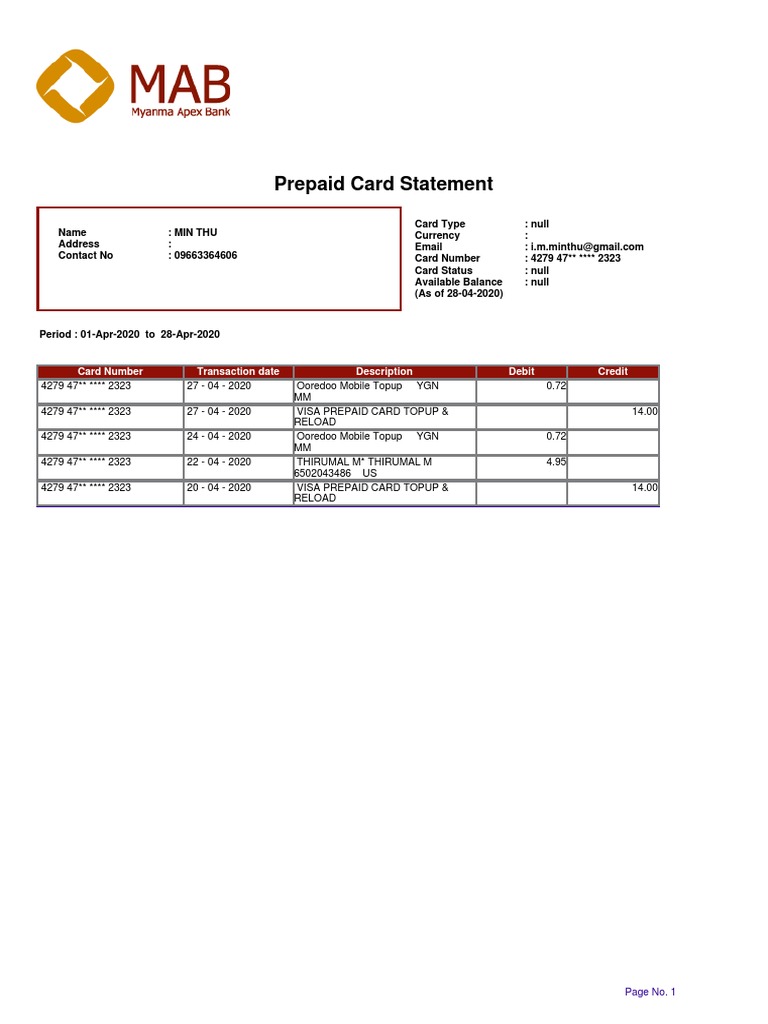 Prepaid Card Statement Overview | PDF