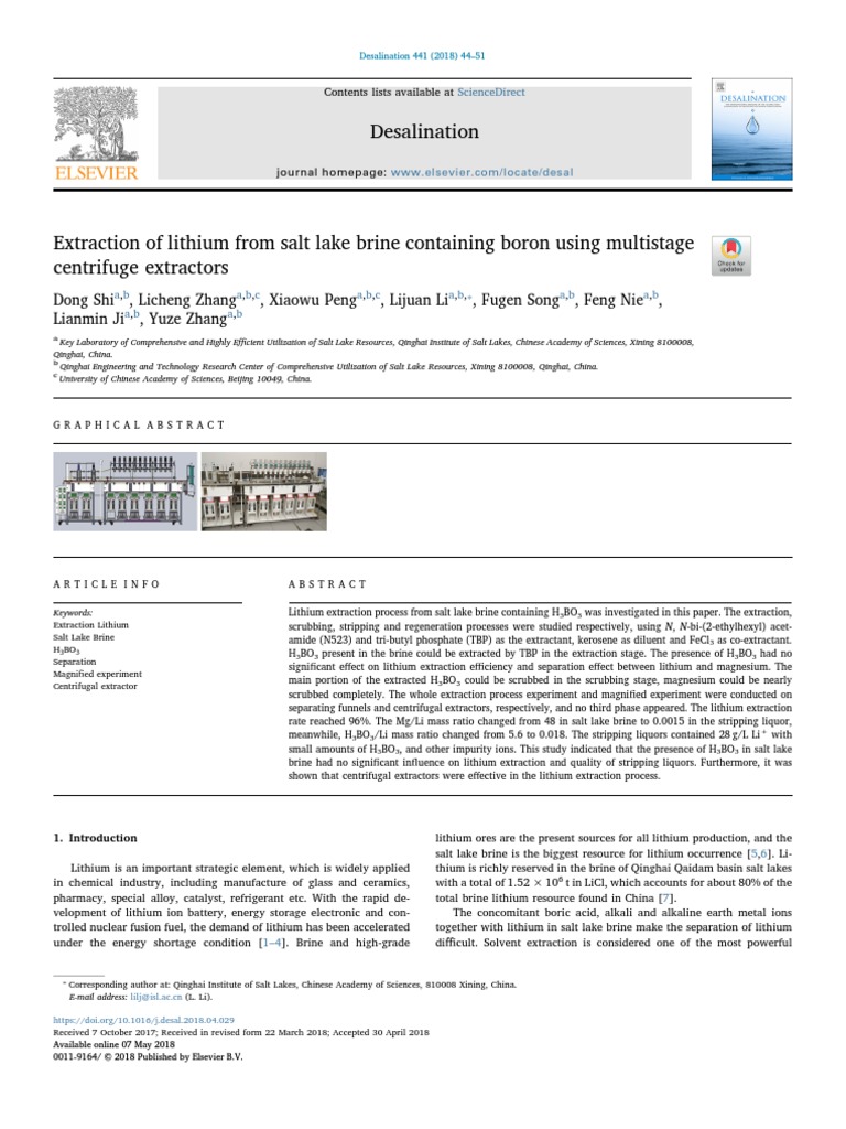 Extraction of Lithium From Salt Lake Brine Containing Boron Using ...