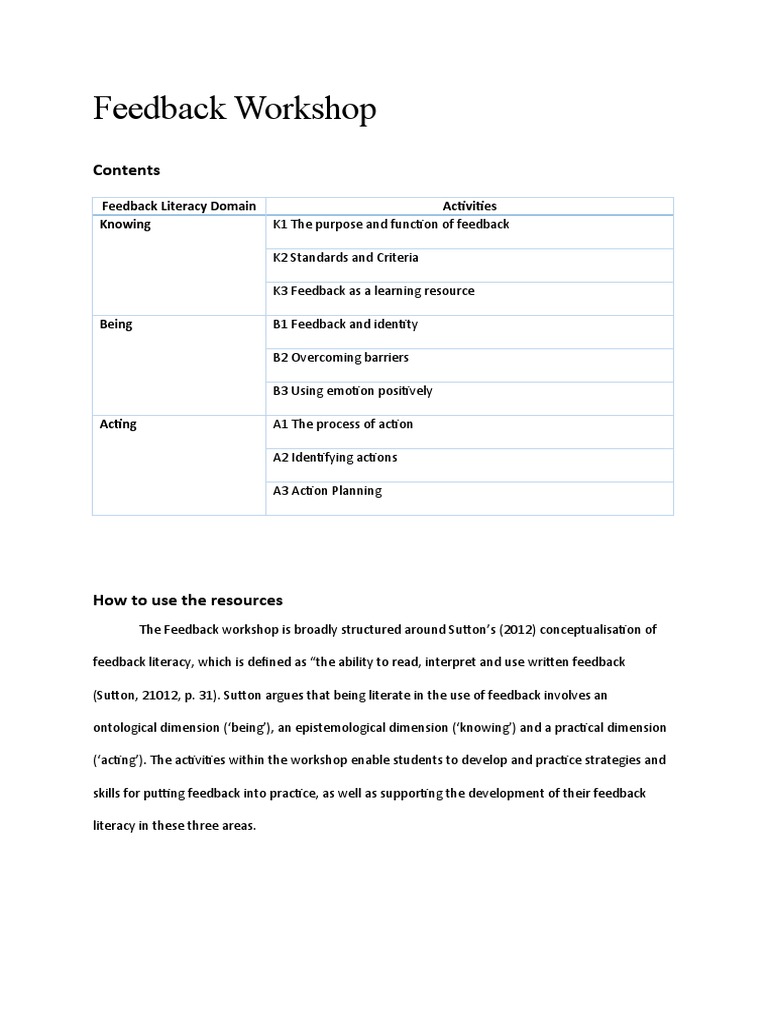 Enhancing Feedback Literacy Workshop | PDF | Essays | Learning