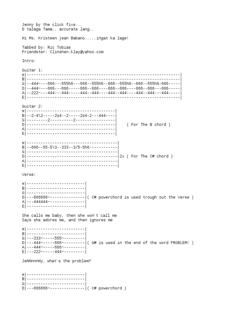 Jenny Chords and Lyrics - The Click Five | PDF | Refrain | Song Structure
