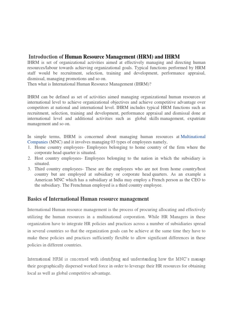 IHRM Overview and Functions | PDF | Human Resource Management | Human ...