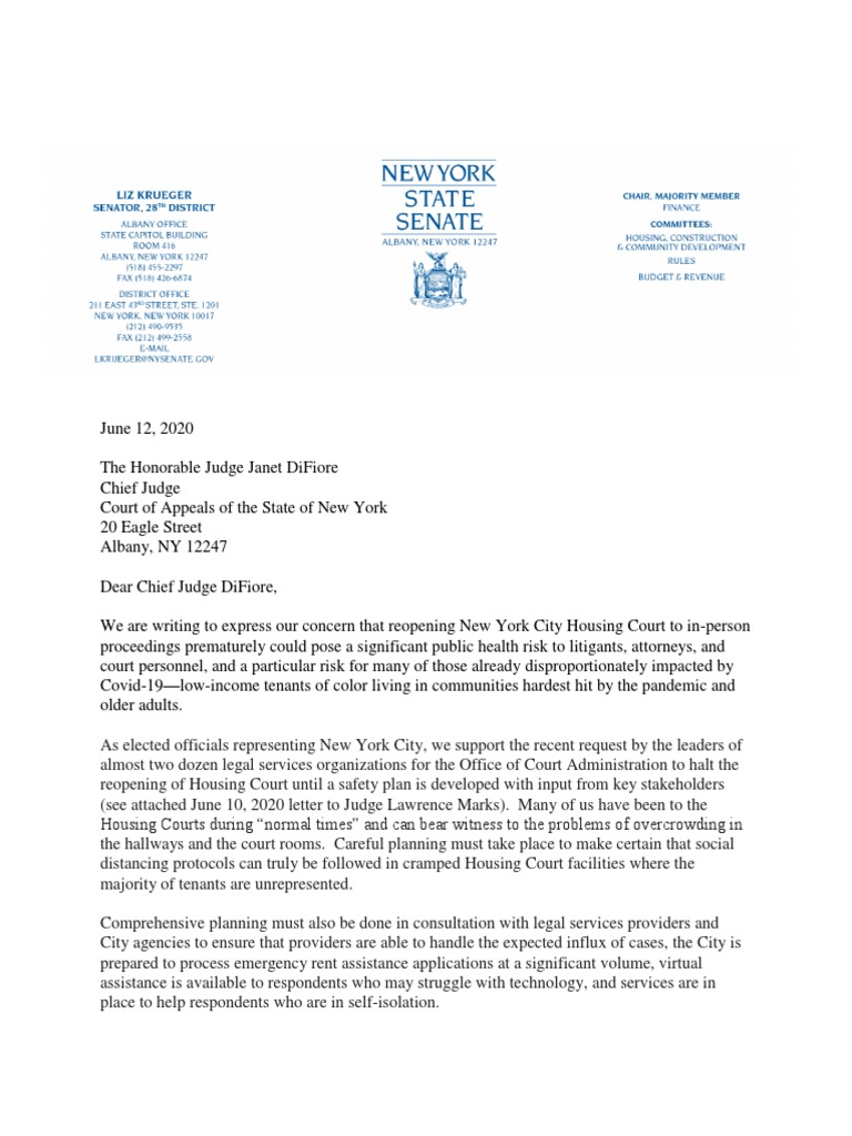 Letter Regarding Housing Court Reopening PDF New York State Senate