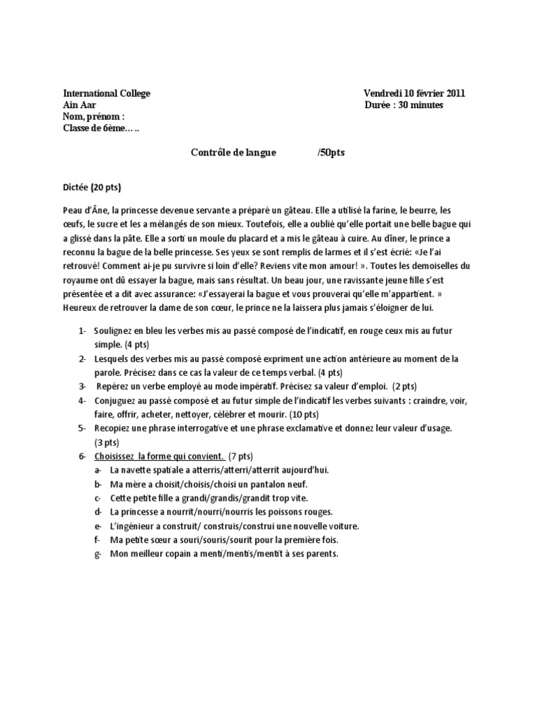Dictée Présent De L indicatif 6ème Dictee 6e | PDF