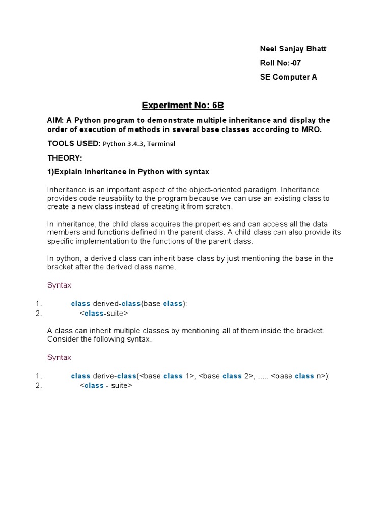 Experiment No: 6B: Syntax | PDF | Inheritance (Object Oriented ...